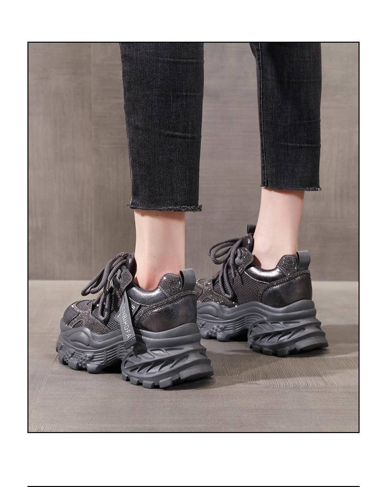 Giày sneaker nữ chunky đế dày tăng chiều cao đính đá rhinestone phong cách thể thao — Màu súng chi tiết 16
