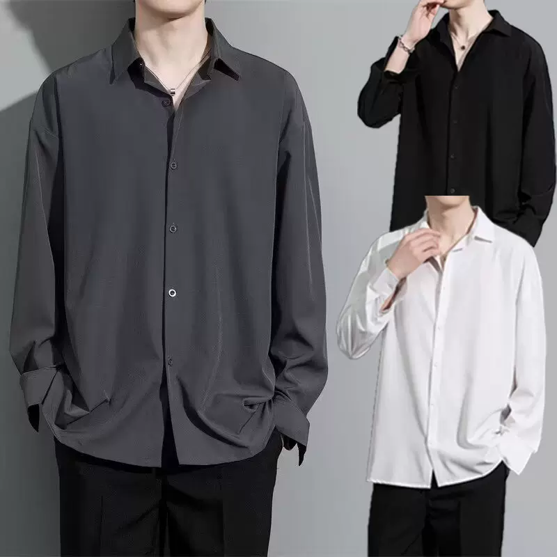 跨境爆款冰丝衬衫男长袖宽松夏季潮流男士休闲高级感痞帅黑衬衣男