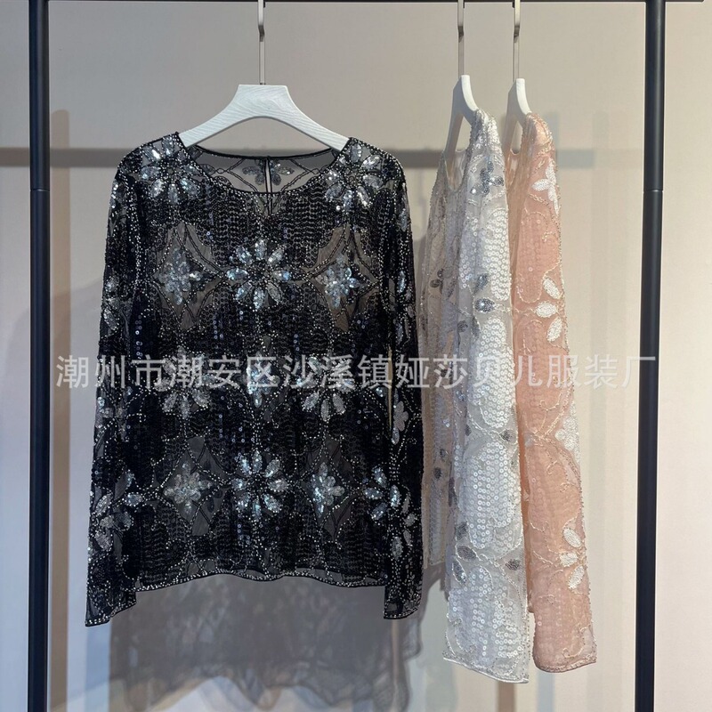 New fashion pattern novel design retro round neck lace mesh perspective heavy industry beaded sequined top women's clothing