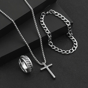 European and American New Stainless Steel Three-Piece Jewelry Hip-Hop Trendy Cross Necklace Simple Versatile Multi-Color Set
