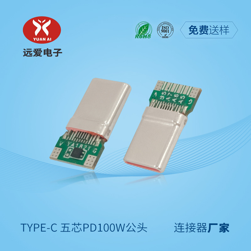 Usb-C Fast Charging Data Cable Plug with Chip 16Pin Fixed Pin 5-Core Welding Wire 100W Power Can Be Customized