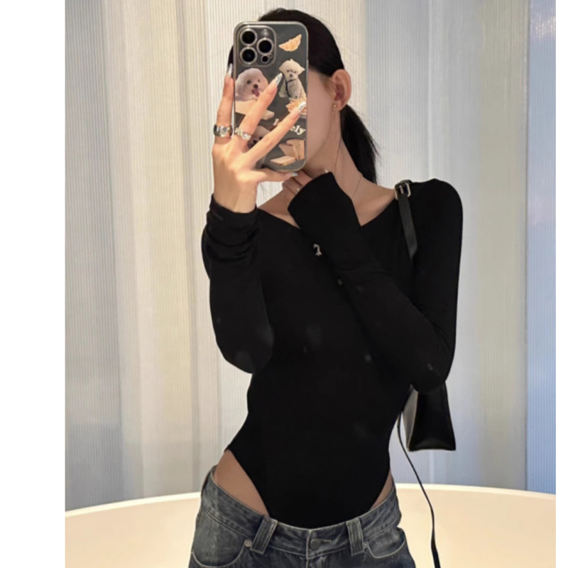 Cross-Back Open-Crotch Long-Sleeve T-Shirt for Women, Autumn Black Slim-Fit Off-Shoulder Base Layer Bodysuit