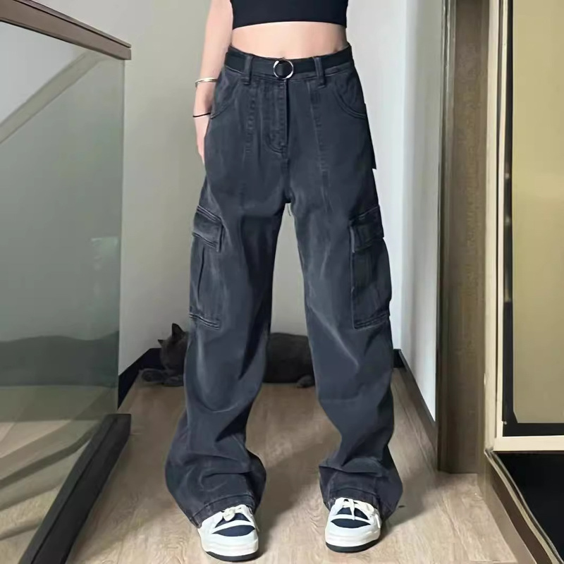 美式复古牛仔工装裤女春秋vibe风宽松设计感多口袋休闲直筒裤子潮|undefined