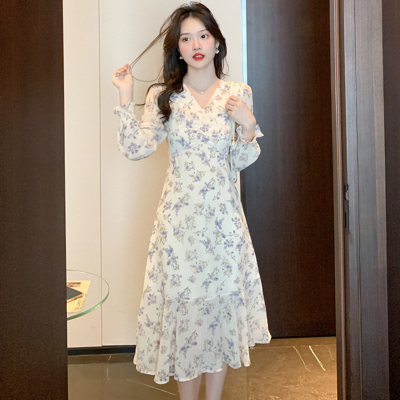 雪纺长袖V字领连衣裙女2025秋季新款法式修身气质显瘦碎花长裙子|undefined