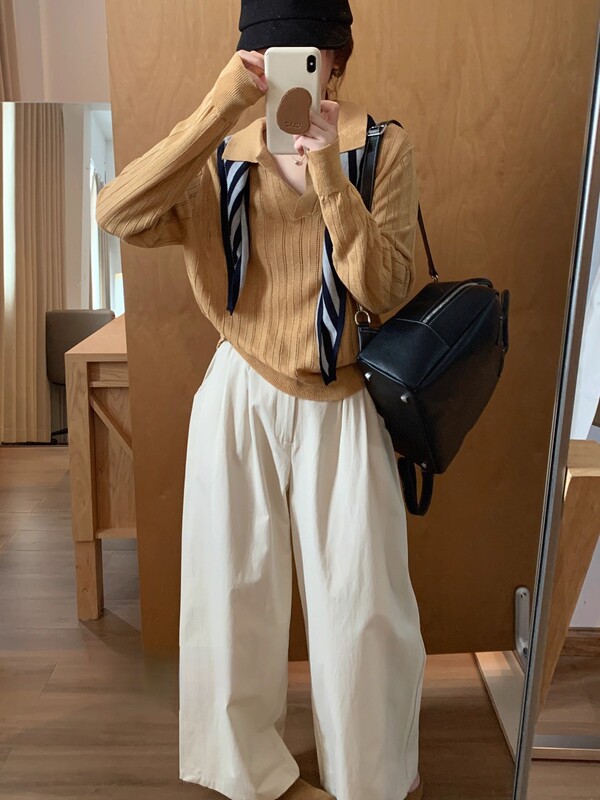 韩系老钱风polo领长袖针织衫T恤女秋季设计感v领宽松内搭打底上衣|undefined