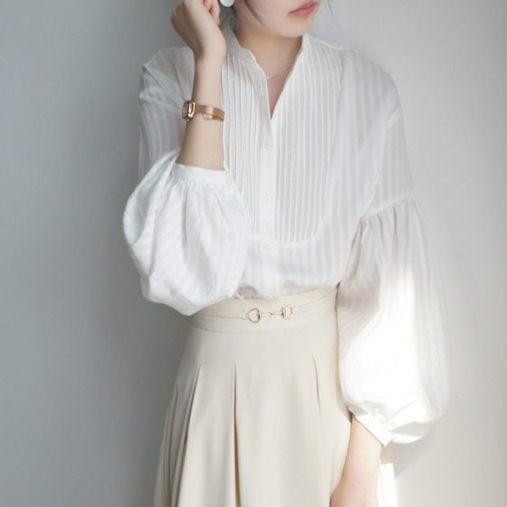 JOJOZ French Retro Dark Vertical Strip Pit Pleated Small Collar Loose Fashionable Artistic Lantern Sleeve Cotton Shirt