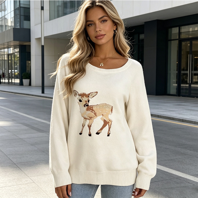 New Japanese and Korean style white deer pattern knit sweater, elegant long-sleeved loose-fit casual sweater for women, autumn and winter top New Japanese and Korean style white deer pattern knit sweater, elegant long-sleeved loose-fit casual sweater for women, autumn and winter top