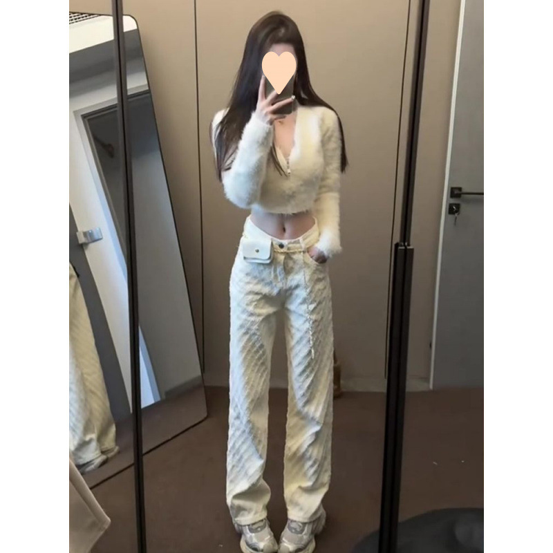 2025春季新款欧洲站高级感小香风休闲裤女时尚格纹高腰直筒牛仔裤|undefined