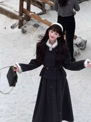 财阀大小姐氛围感毛领双排扣小香风外套女冬季高腰包臀半身裙套装