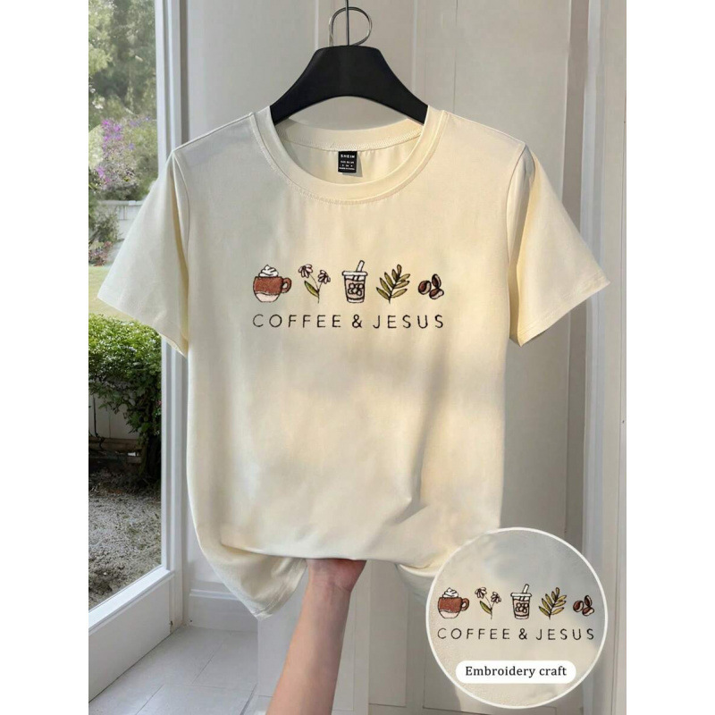 Cross-Border European Size Pure Cotton Coffee Lovers Niche Fresh Style Loose Short-Sleeved Personalized Versatile Women's Tops