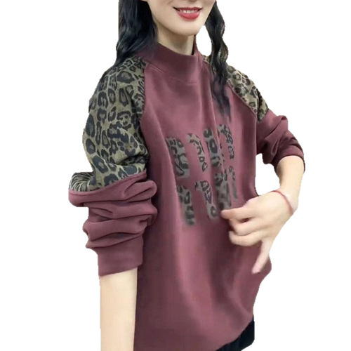 Fashionable leopard-print splicing long-sleeved hoodie Women's autumn round collar casual loose slimming age-reducing top