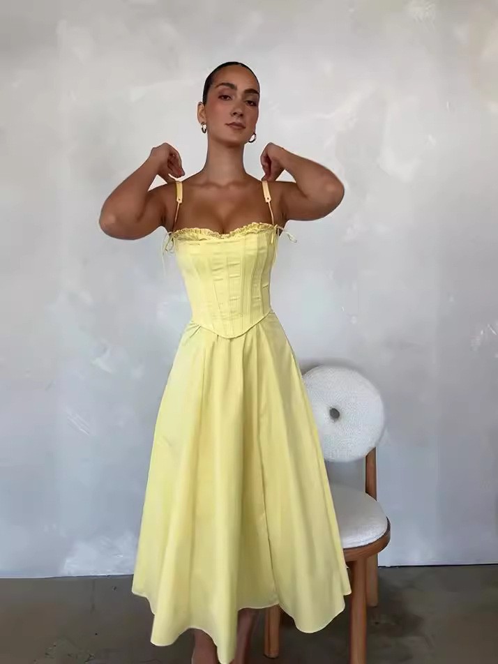 Women's Summer Elegant High-Waisted Dress Two-Piece Set Strapless Top With Slit Casual Fashionable Lanon Thickened Regular Size_ecoleips.com
