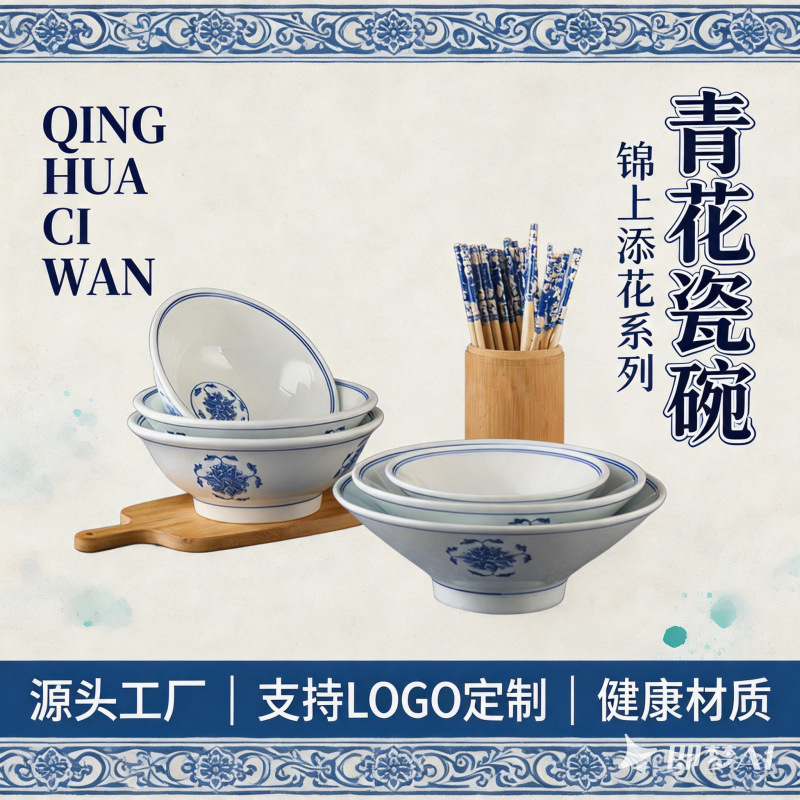 Blue and White Ceramic Rice Bowl, Chinese-Style High-Footed Anti-Scald Rice Bowl, Household and Commercial Restaurant Bowl, Manufacturer Wholesale Customization Blue and White Ceramic Rice Bowl, Chinese-Style High-Footed Anti-Scald Rice Bowl, Household and Commercial Restaurant Bowl, Manufacturer Wholesale Customization