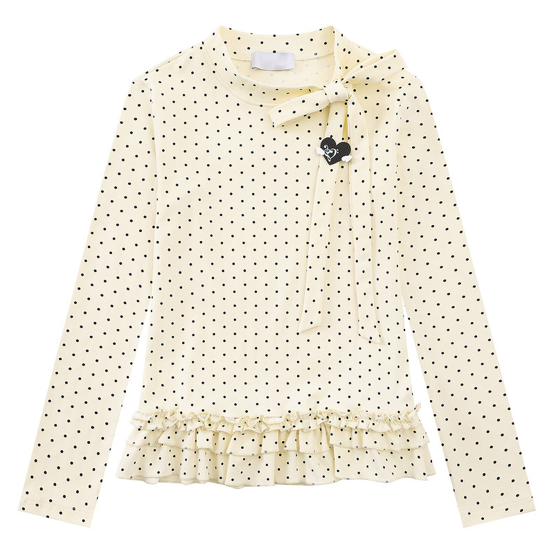 Milky white long-sleeve top with small polka dots, bow tie, and heart accessories, ruffled edges, trendy niche T-shirt for sweet girls