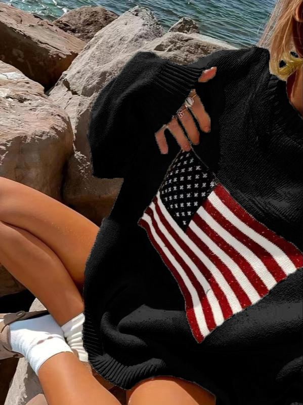 爆発的なアメリカのレトロな街頭の洋風の星の旗の花の模様のゆったりした丸首のプルオーバーのニットのセーターの上着