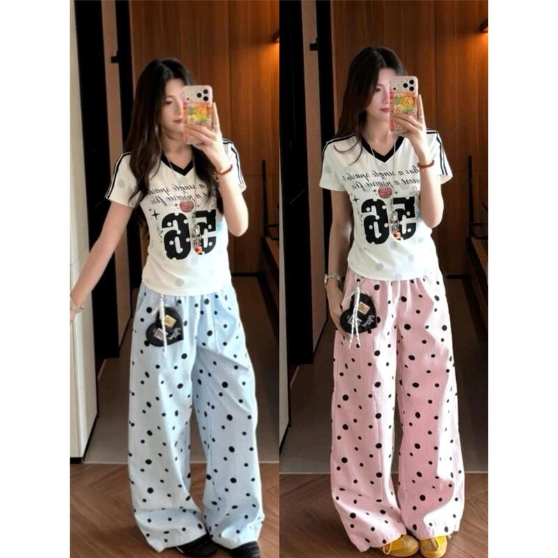 American Retro Sportswear Suit for Women, Summer Dopamine V-Neck Short-Sleeved T-Shirt, Fashionable Polka-Dot Wide-Leg Pants Two-Piece Set American Retro Sportswear Suit for Women, Summer Dopamine V-Neck Short-Sleeved T-Shirt, Fashionable Polka-Dot Wide-Leg Pants Two-Piece Set