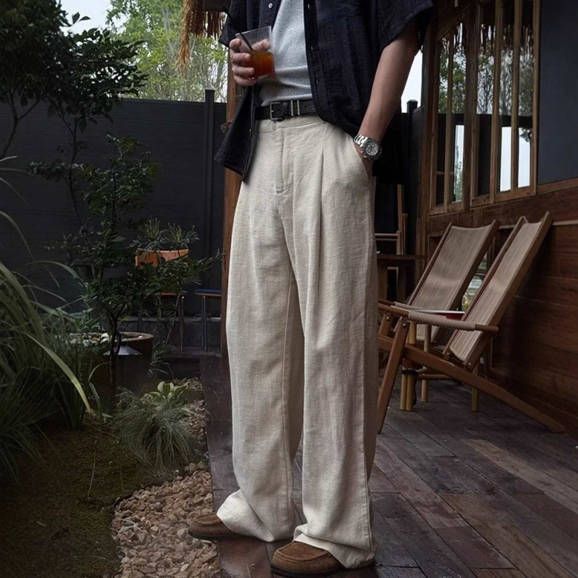 Old Money Style Tencel Linen Pants Men's Summer Thin Style Lazy Drape A-Line Trousers Cotton and Linen Straight Wide Leg Pants