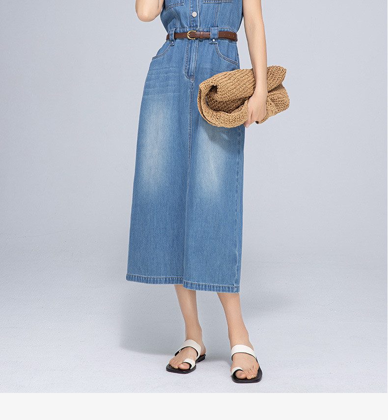 Váy denim cổ điển dáng dài không tay, thắt eo tôn dáng — Xanh lam hoài cổ chi tiết 2