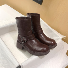 美拉德棕色真皮马丁靴女秋冬2025新款英伦风复古百搭粗跟短靴子女