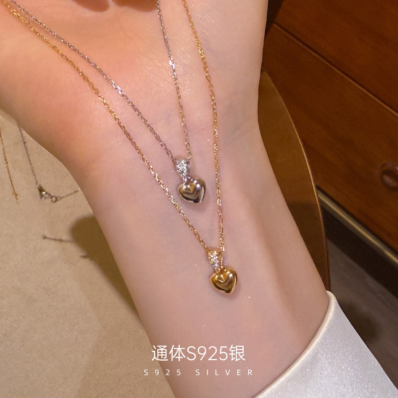 S925 Silver Niche Heart Pendant Necklace for Women with a Luxurious Feel, 14K Gold Plated Versatile Silver Necklace