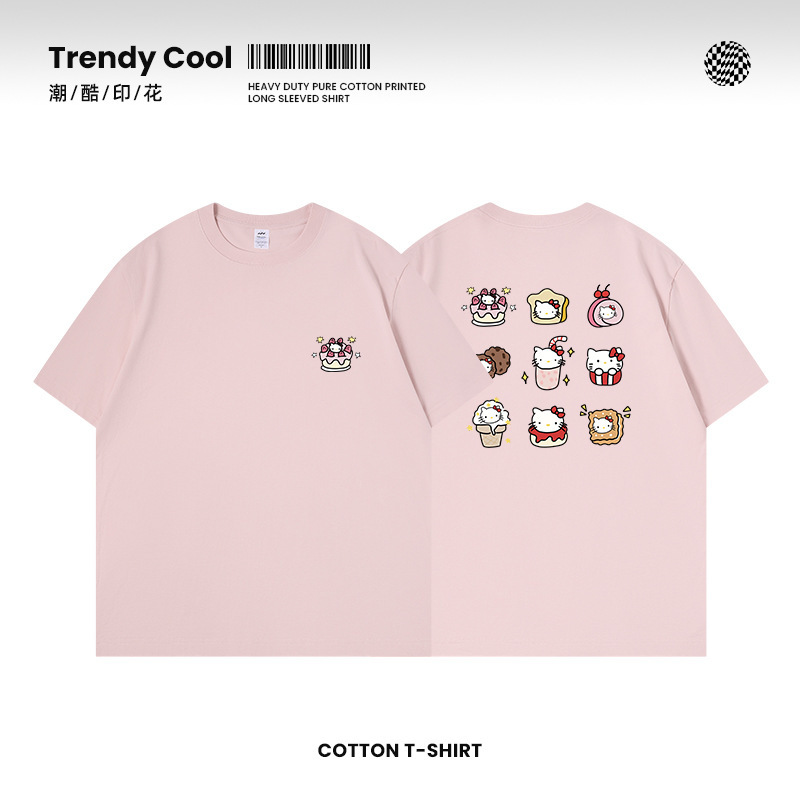 Pink Niche Kitty Cat Printed Pure Cotton Short-sleeved T-shirt Unisex Loose Outer Wear All-match Casual Top Clothes