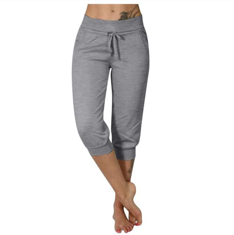 Amazon Women's Knitted Three-Quarter Casual High-Waist Drawstring Pocket Sweatpants Casual Pants