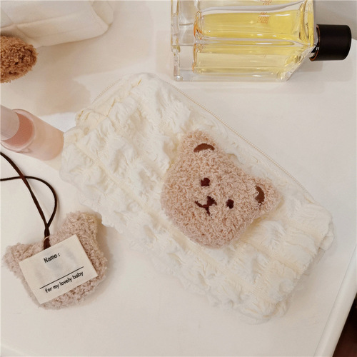 Korean style ins style cute plush bear head puff grid children's pencil bag bag kindergarten baby stationery storage bag
