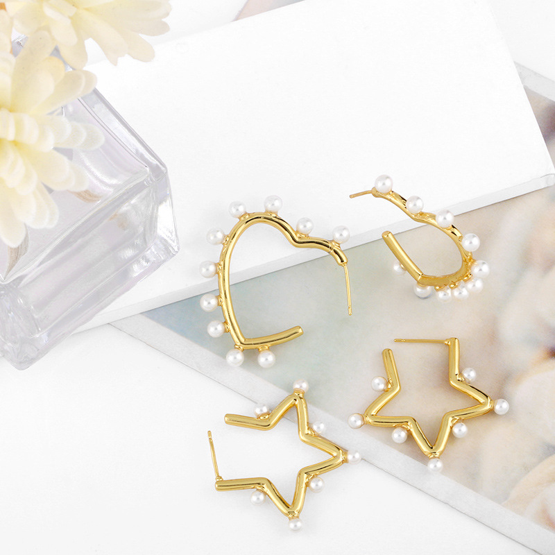 Aretes De Perlas Con Estrella Pentagonal De Corazón display picture 6