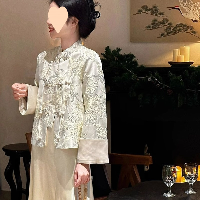 大码胖新中式国风套装唐装提花气质外套+时尚连衣裙两件套200斤|undefined