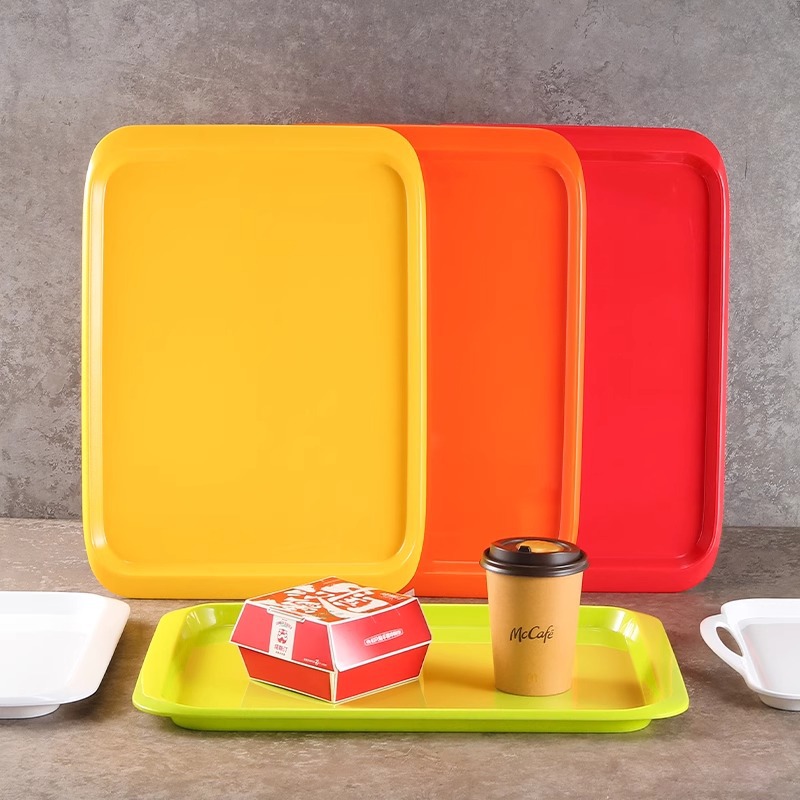 Super grueso A5 bandeja de melamina comercial rectangular con mango plato de comedor de jardín de infantes de plástico pan de exhibición plato de doble oreja