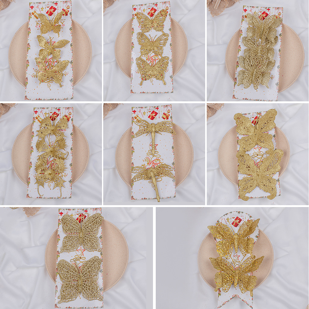 Colgante de Navidad personalizado polvo dorado brillante de plástico mariposa acoplamiento de ventana accesorios de decoración de flores de Navidad simuladas