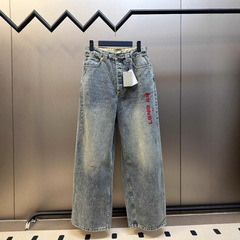 Dujiaバージョン既製高品質BL新作赤文字刺繍デニムパンツOSルーズバージョン男女同型