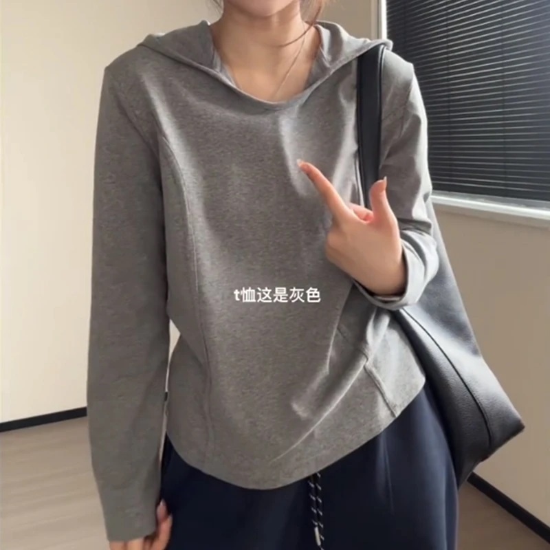 正肩鱼骨长袖t恤女春秋连帽薄卫衣大码女装胖mm显瘦秋上衣女新款|undefined
