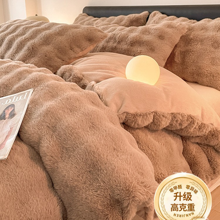 Cama de terciopelo de leche de cuatro piezas de terciopelo de conejo de imitación de alta gama, funda de edredón de sábana de invierno de terciopelo de coral de doble cara gruesa 2025 nuevo