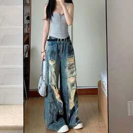 韩版ins复古破洞牛仔裤女夏季新款时尚潮流宽松显瘦高腰阔腿长裤