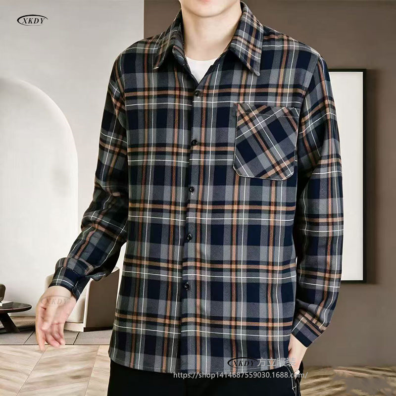 Men's plaid long-sleeve shirt for spring and autumn, suitable for middle-aged and elderly, with a turn-down collar, versatile, loose, casual workwear top, plus size men's shirt