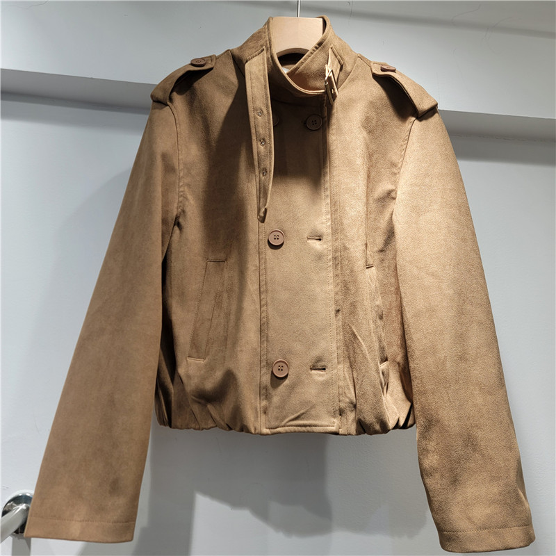 2026 primavera nuevo retro cuello corto chaqueta corta mujer de pelusa dobles hebillas chaqueta de locomotora