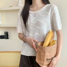 夏季新款蝴蝶纱设计感圆领针织衫短袖休闲百搭慵懒风T恤女上衣