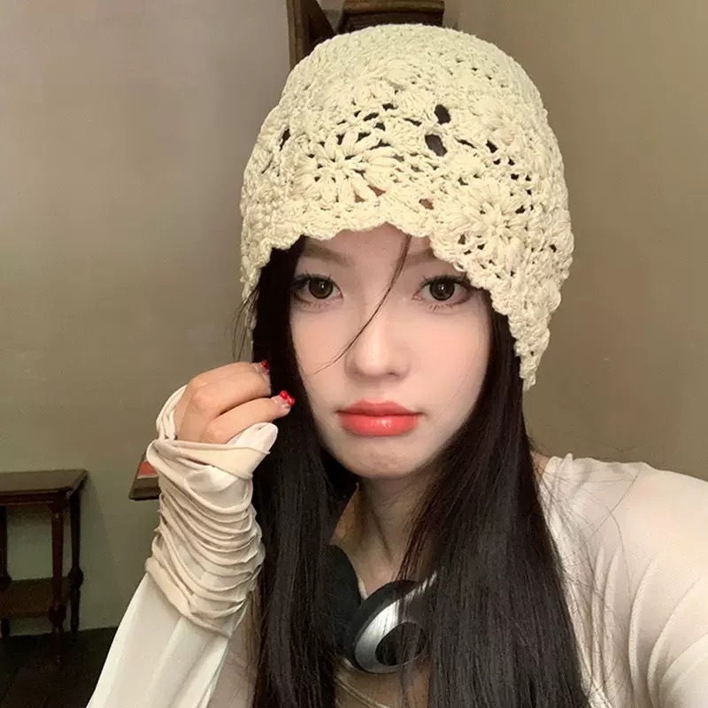 ins日系蝴蝶结镂空钩花包头冷帽女夏薄款显脸小透气毛线帽子ins风|undefined