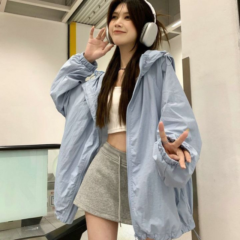 盐系夏季休闲抽绳防晒衣外套女2025新款宽松中长款连帽运动上衣