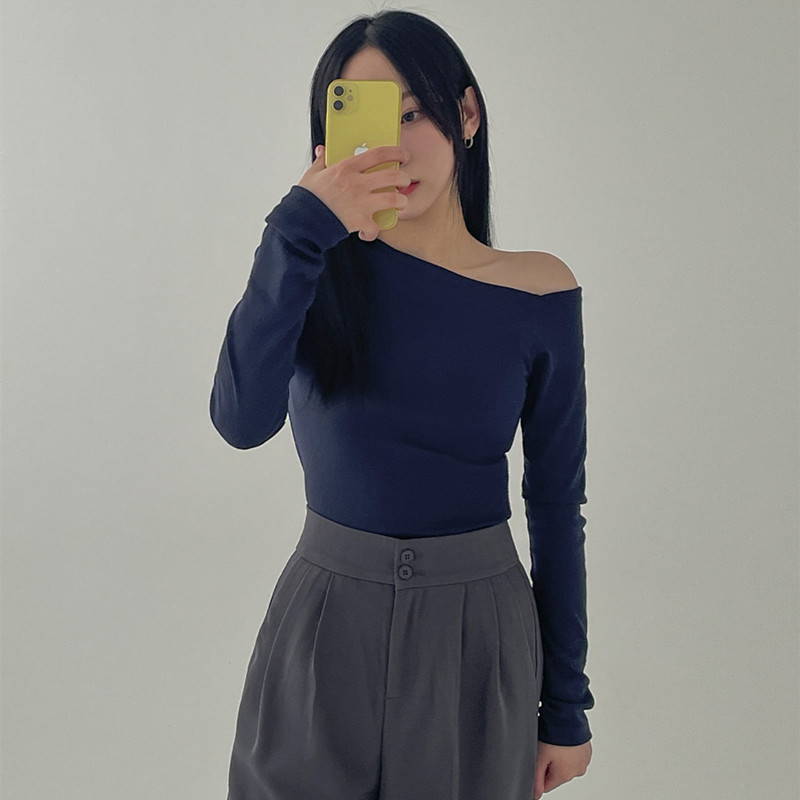 跨境现货 韩国代购东大门秋新款斜肩紧身长袖显身材弹力女装上衣