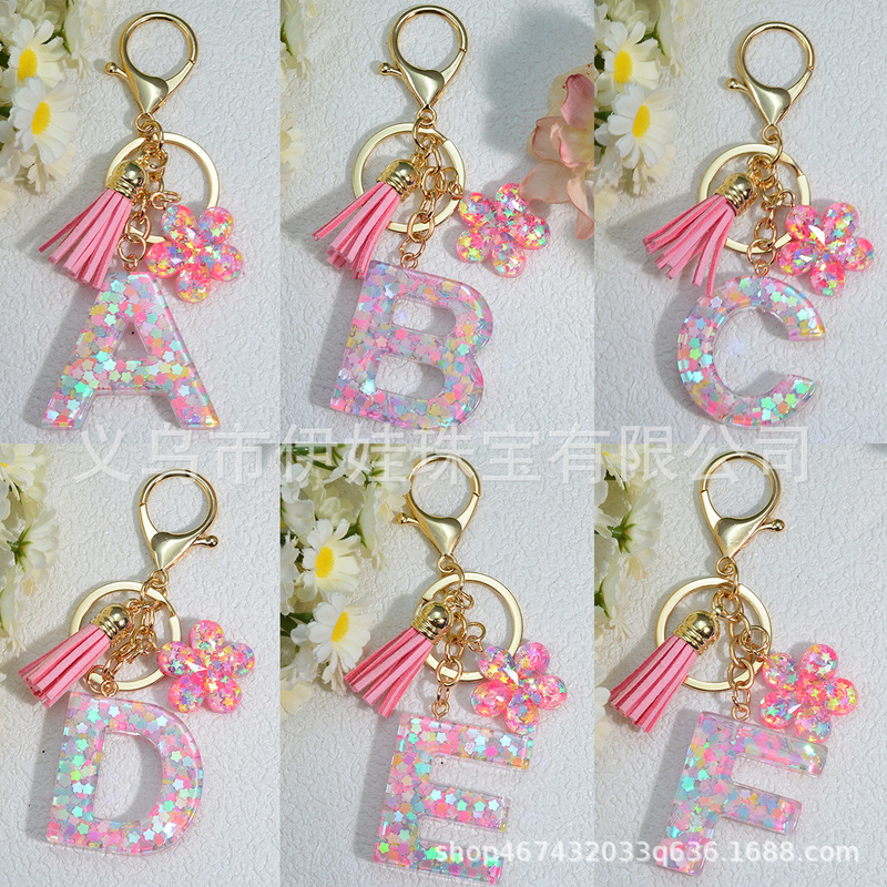 Cross-border Amazon Initials Keychain Glue Sequins Flower Letter Key Ring Ladies Pink Jewelry Pendant