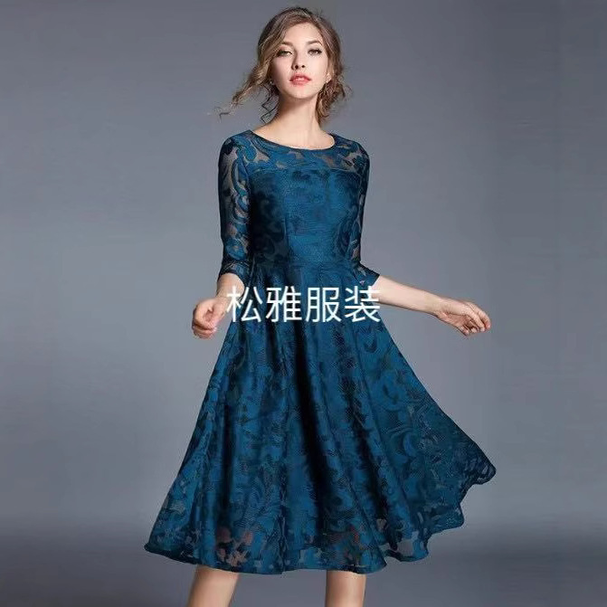 Cross-Border spring and autumn dress European and American plus size women's clothing three-quarter sleeve slim slimming mid-length lace large swing dress Cross-Border spring and autumn dress European and American plus size women's clothing three-quarter sleeve slim slimming mid-length lace large swing dress