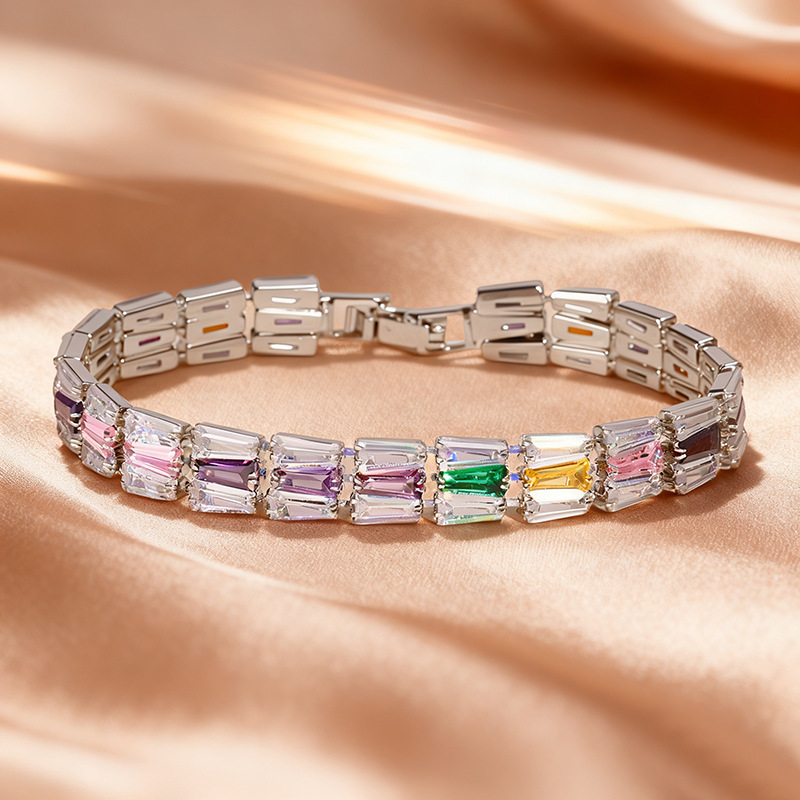 European and American Export Aliexpress Colorfulful Rectangular Zircon Bracelet Versatile Retro Style Sweet Elegant Chain Bracelet for Women