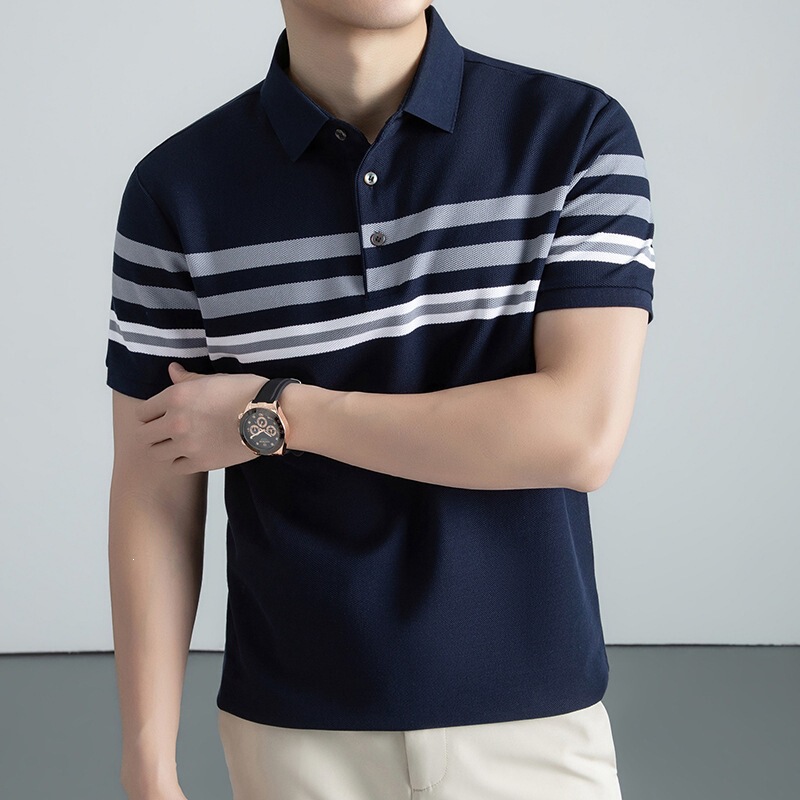 Fashionable Casual Men's Short-Sleeved Polo Shirt, New Summer Style Striped Cotton Korean Style Loose T-Shirt Base Layer Shirt