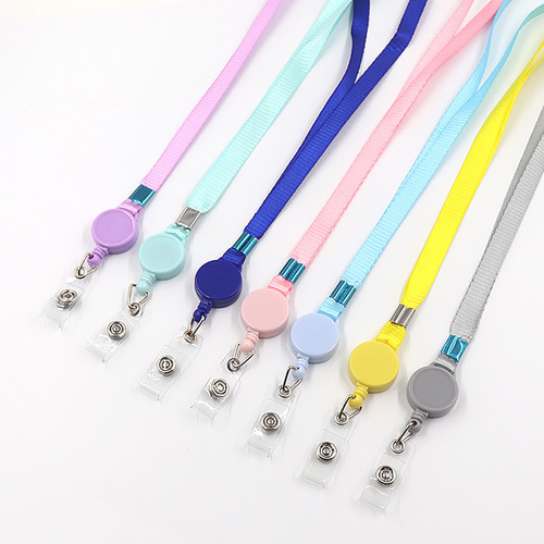 Telescopic easy-pull buckle long lanyard polyester solid color thin long rope work permit campus card holder document holder lanyard