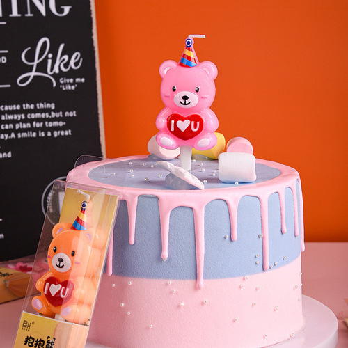 New Korean Brown Hug Bear Love I Love You Creative Single Birthday Cake Decoration Bear Candle