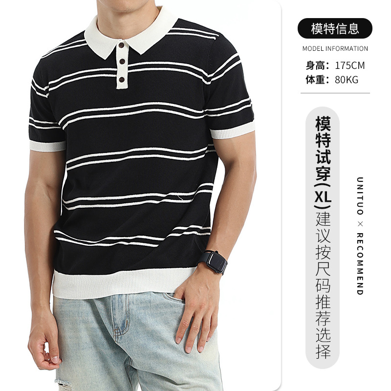 Verano para hombres con collar de contraste a rayas de hielo polo transpirable mangas cortas de negocios casual alta sensación de ropa de hombre image 7