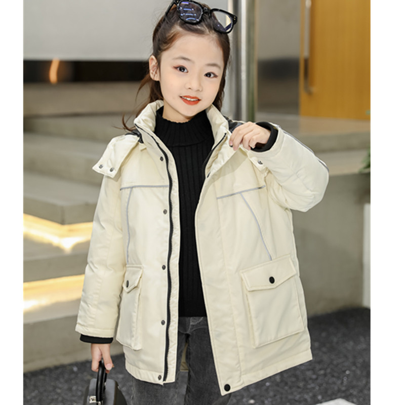 Mãe e filhos jaqueta infantil fluorescente faixa luminosa roupas meninos e meninas pato branco com capuz casaco grosso_voghion.com