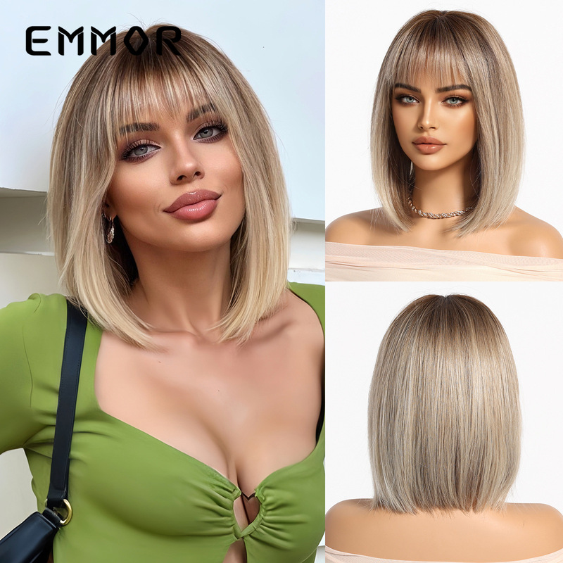 Spring and summer hot sale natural breathable neat bangs gradient gold short straight hair bobo European and American style wig full hair wigs